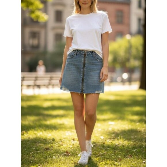 American Bazi Los Angeles Womens Distressed Denim Skirt Size L With Front Zipper - Picture 1 of 13